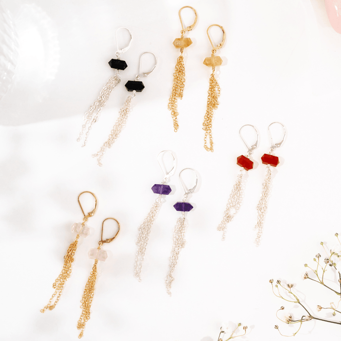 Custom Double Terminated Crystal Point Tassel Earrings - Custom Double Terminated Crystal Point Tassel Earrings - Sterling Silver / Amethyst for February - Luna Tide Handmade Crystal Jewellery