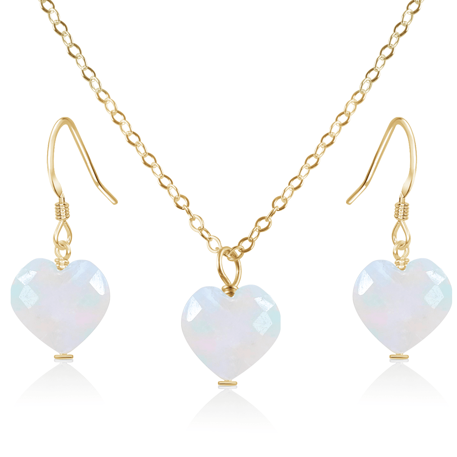 Rainbow Moonstone Crystal Heart Jewellery Set - Rainbow Moonstone Crystal Heart Jewellery Set - 14k Gold Fill / Cable / Necklace & Earrings - Luna Tide Handmade Crystal Jewellery