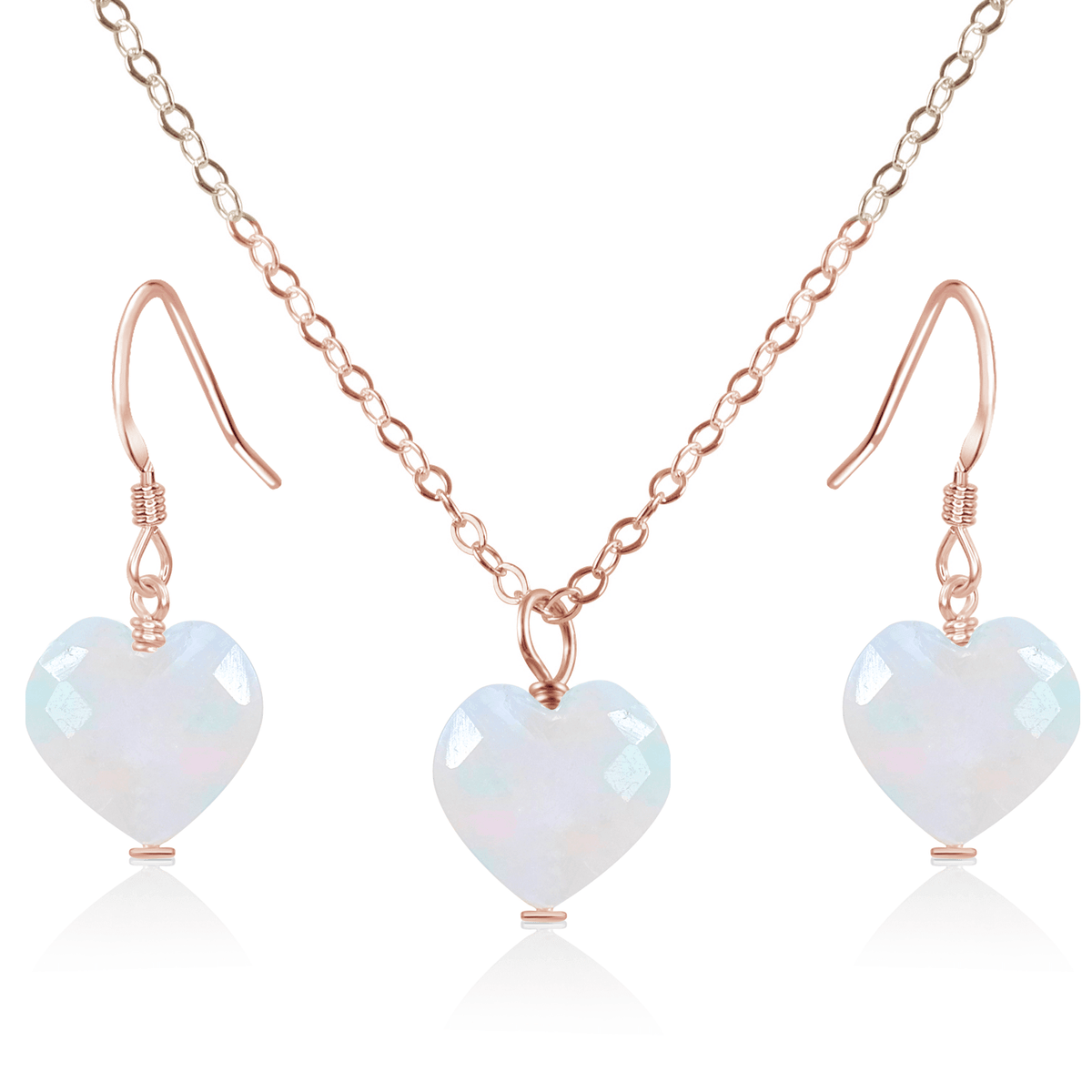 Rainbow Moonstone Crystal Heart Jewellery Set - Rainbow Moonstone Crystal Heart Jewellery Set - 14k Rose Gold Fill / Cable / Necklace & Earrings - Luna Tide Handmade Crystal Jewellery