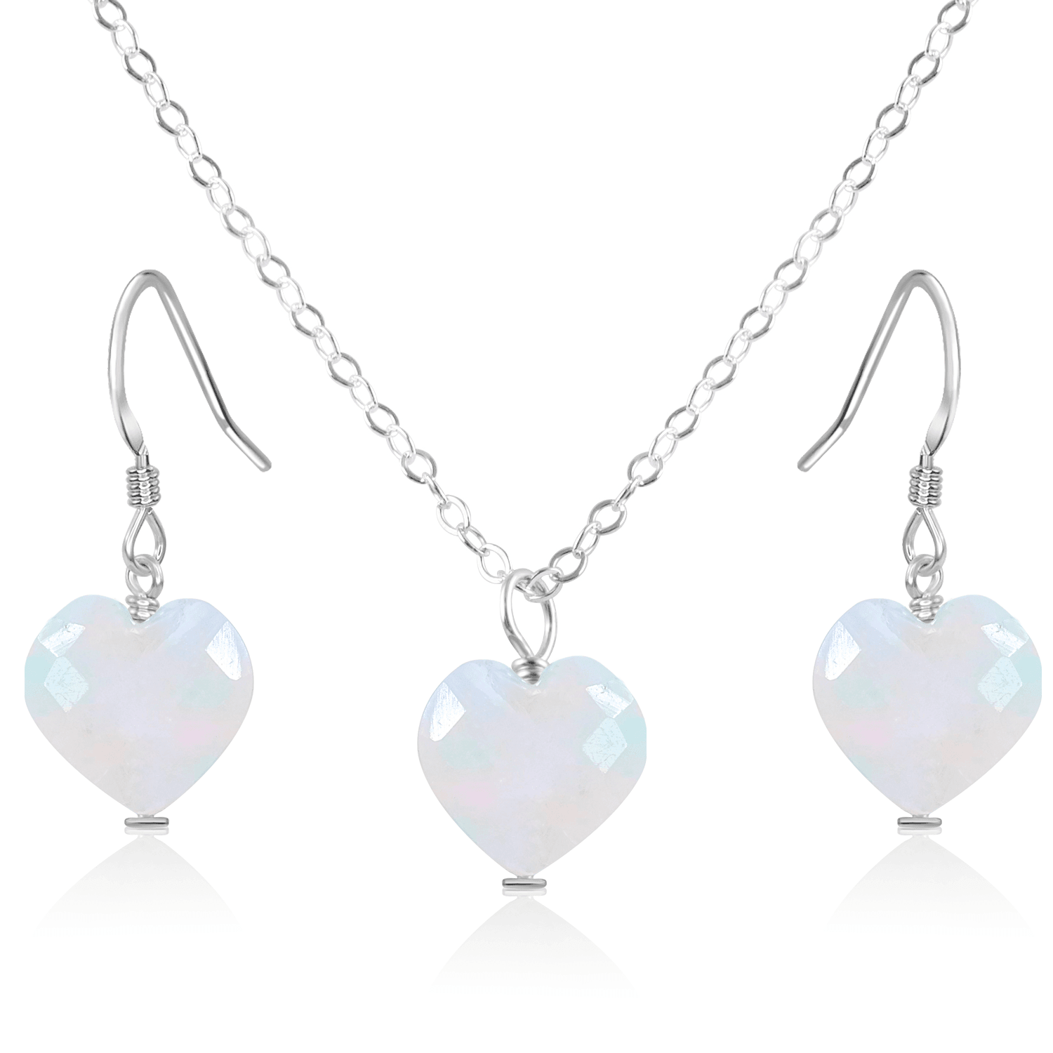 Rainbow Moonstone Crystal Heart Jewellery Set - Rainbow Moonstone Crystal Heart Jewellery Set - Sterling Silver / Cable / Necklace & Earrings - Luna Tide Handmade Crystal Jewellery