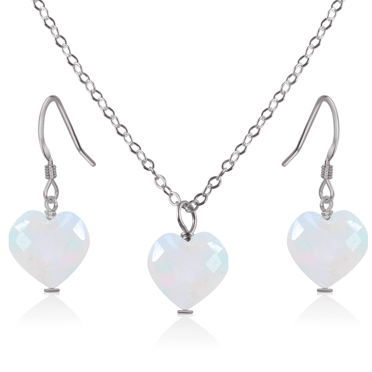 Rainbow Moonstone Crystal Heart Jewellery Set - Rainbow Moonstone Crystal Heart Jewellery Set - Stainless Steel / Cable / Necklace & Earrings - Luna Tide Handmade Crystal Jewellery