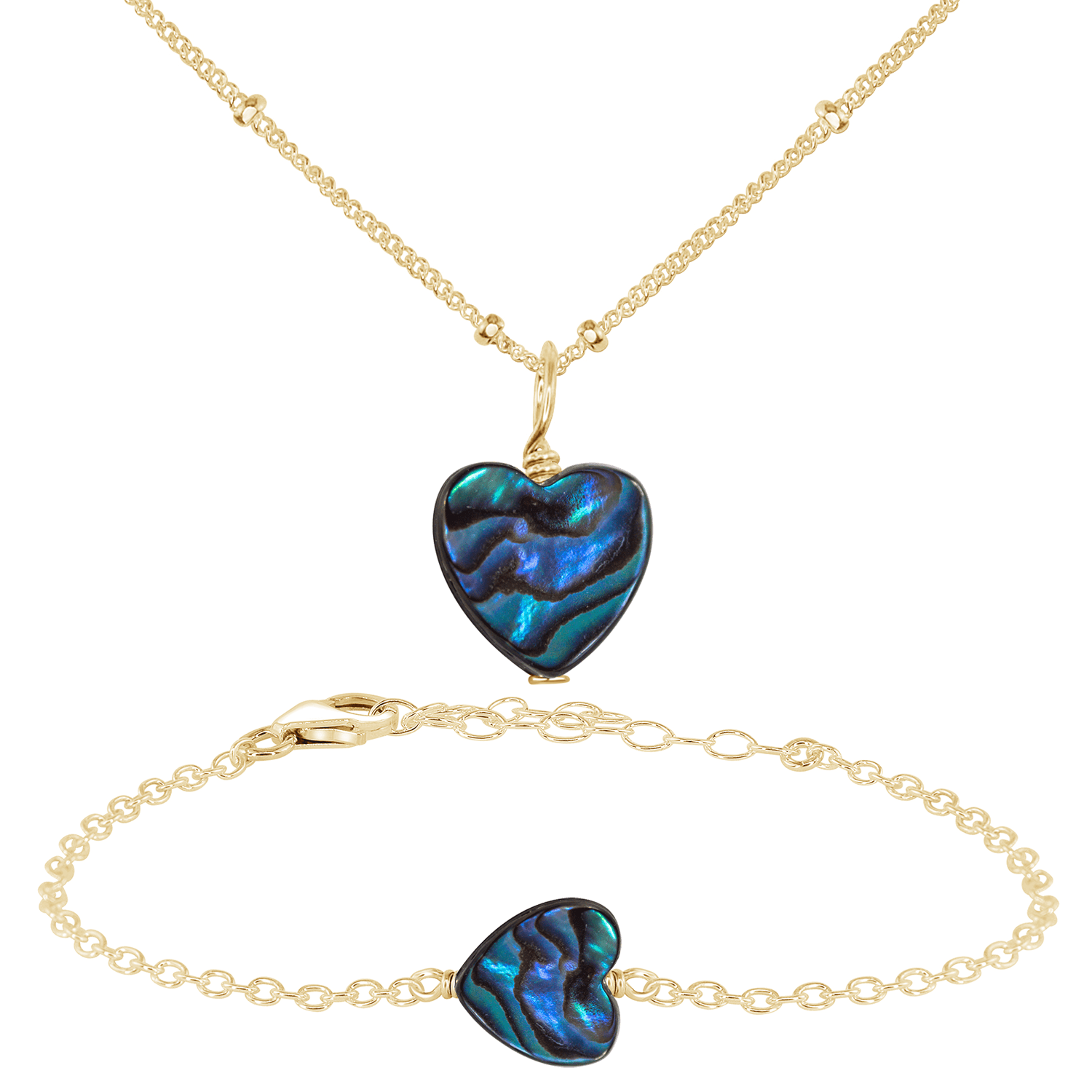 Abalone Shell Heart Jewellery Set - Abalone Shell Heart Jewellery Set - 14k Gold Fill / Satellite / Necklace & Bracelet - Luna Tide Handmade Crystal Jewellery