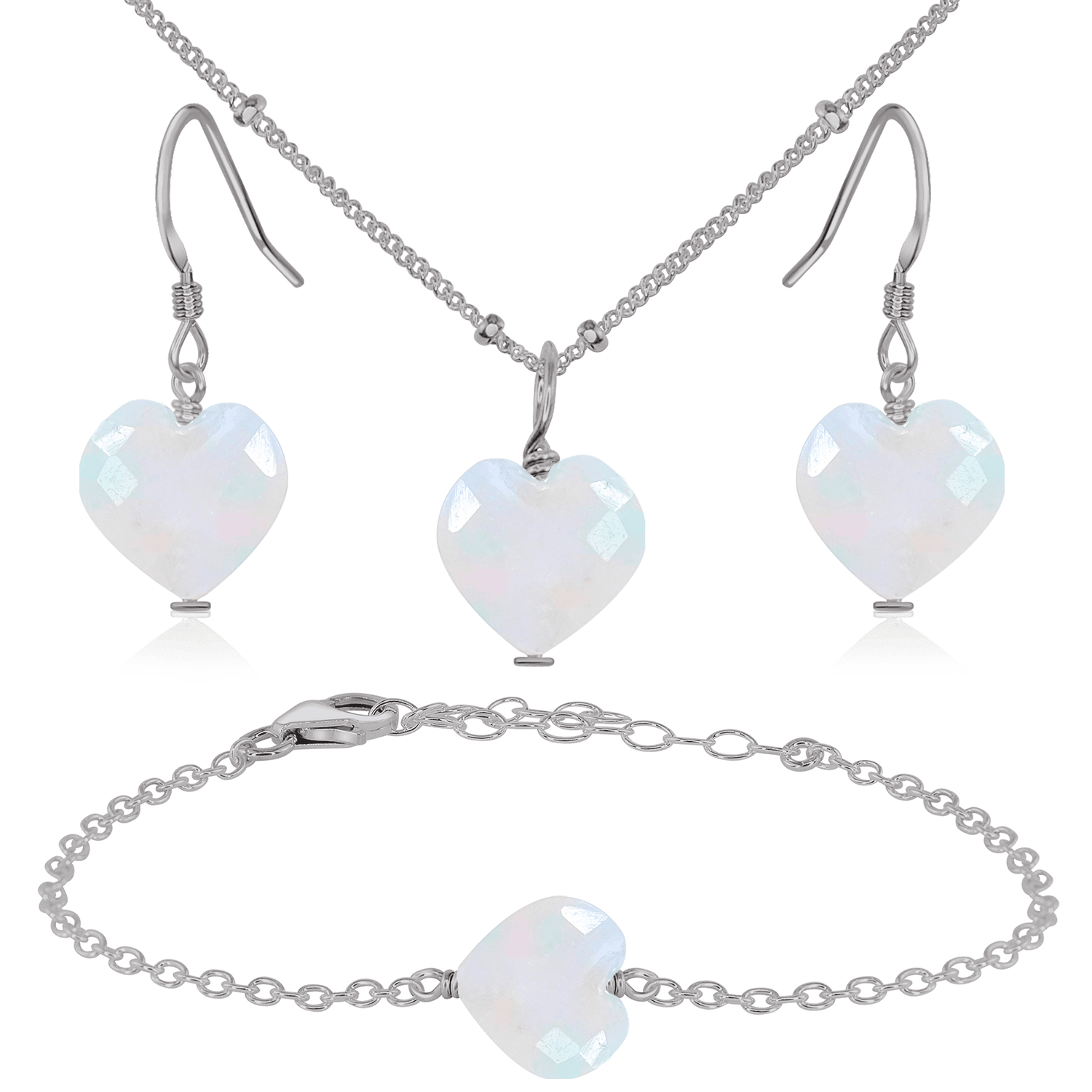 Rainbow Moonstone Crystal Heart Jewellery Set - Rainbow Moonstone Crystal Heart Jewellery Set - Stainless Steel / Satellite / Necklace & Earrings & Bracelet - Luna Tide Handmade Crystal Jewellery