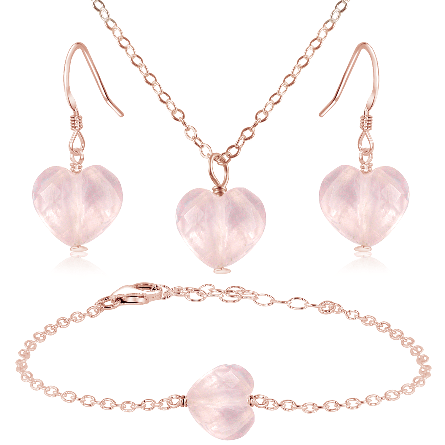 Rose Quartz Crystal Heart Jewellery Set - Rose Quartz Crystal Heart Jewellery Set - 14k Rose Gold Fill / Cable / Necklace & Earrings & Bracelet - Luna Tide Handmade Crystal Jewellery