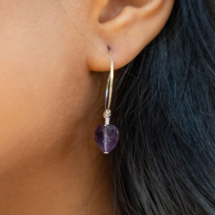 Amethyst Crystal Heart Dangle Hoop Earrings - Amethyst Crystal Heart Dangle Hoop Earrings - Sterling Silver - Luna Tide Handmade Crystal Jewellery