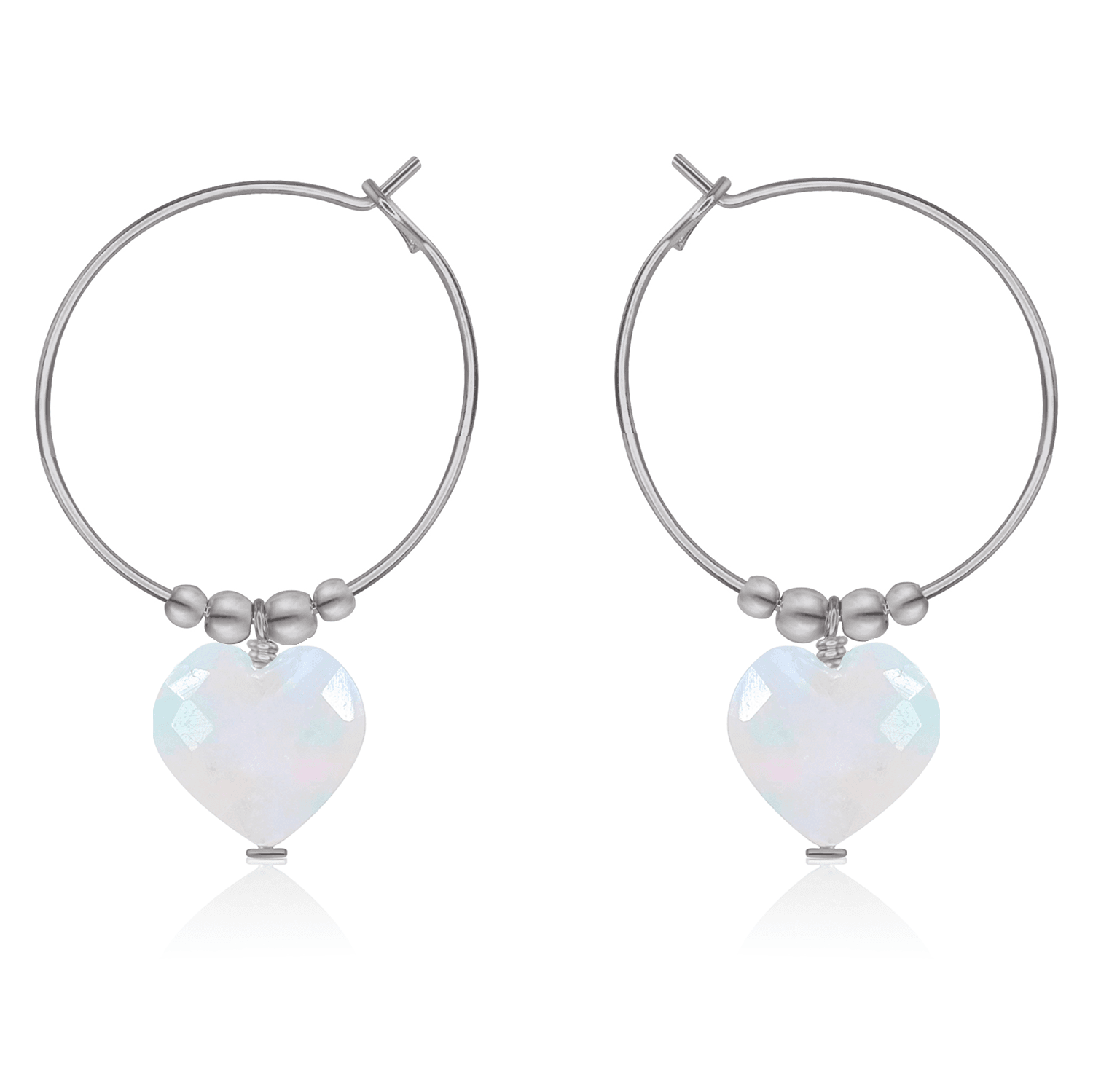 Rainbow Moonstone Crystal Heart Dangle Hoop Earrings - Rainbow Moonstone Crystal Heart Dangle Hoop Earrings - Stainless Steel - Luna Tide Handmade Crystal Jewellery