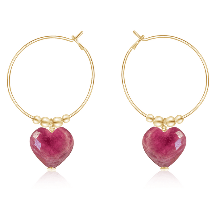 Ruby Crystal Heart Dangle Hoop Earrings - Ruby Crystal Heart Dangle Hoop Earrings - 14k Gold Fill - Luna Tide Handmade Crystal Jewellery