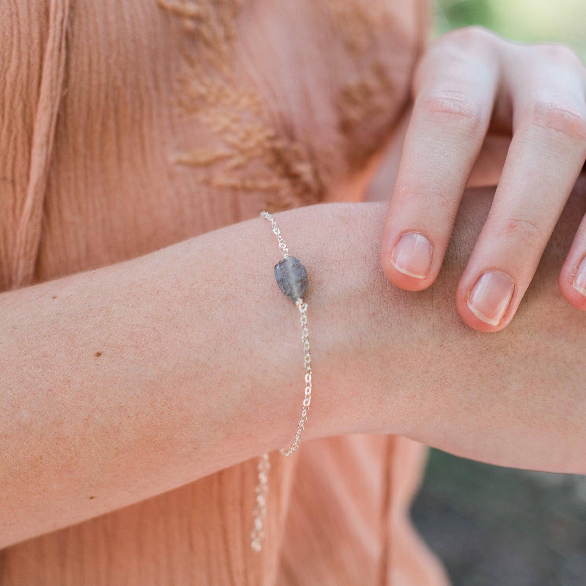 Raw Labradorite Crystal Jewellery Set - Raw Labradorite Crystal Jewellery Set - Sterling Silver / Cable / Necklace & Earrings & Bracelet - Luna Tide Handmade Crystal Jewellery