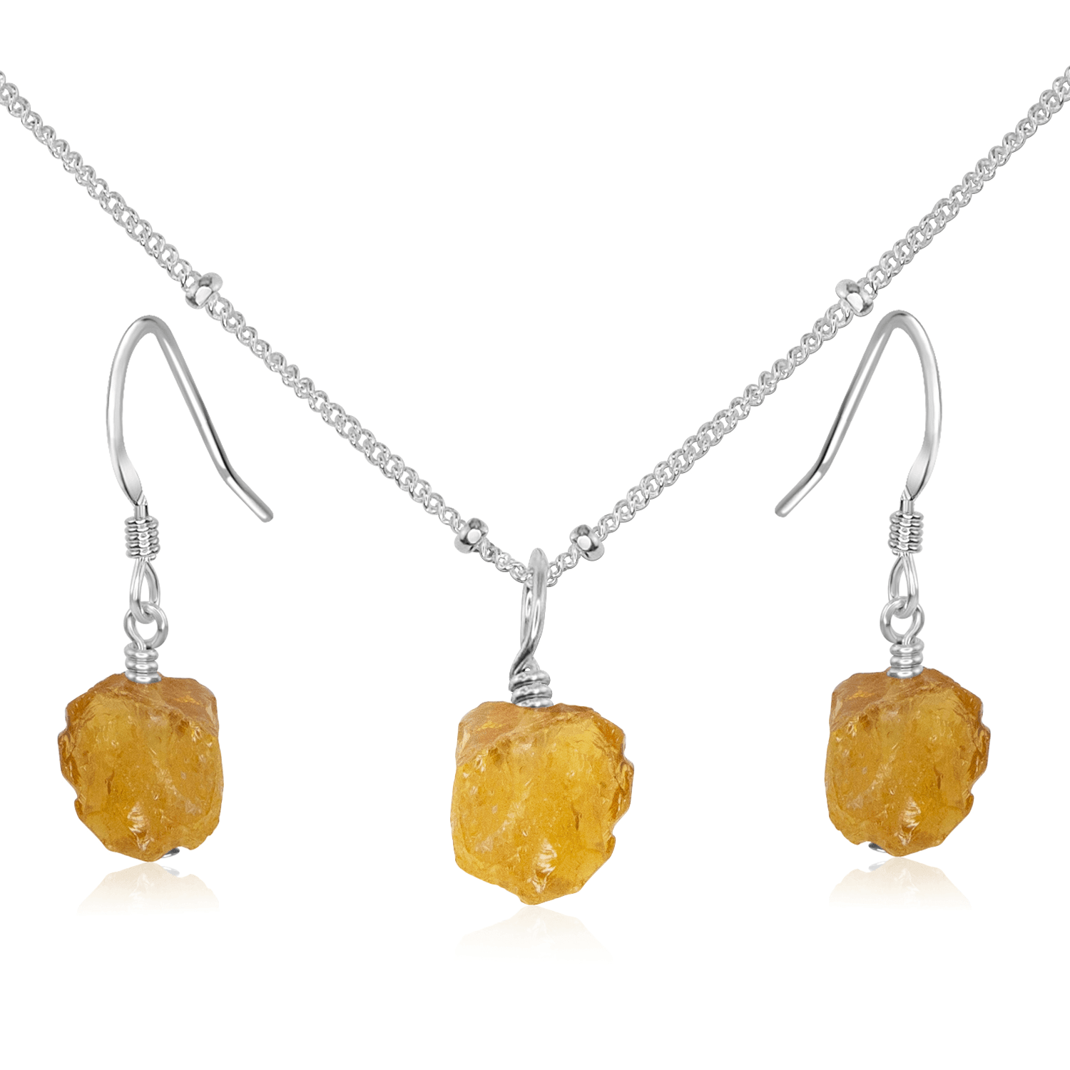 Raw Citrine Crystal Earrings & Necklace Set - Raw Citrine Crystal Earrings & Necklace Set - Sterling Silver / Satellite - Luna Tide Handmade Crystal Jewellery
