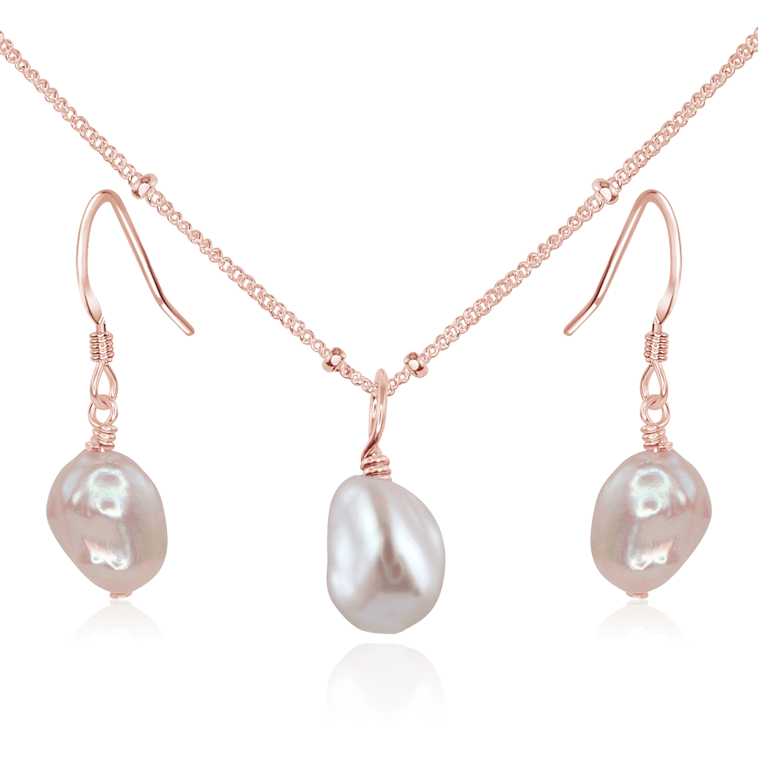 Raw Freshwater Pearl Crystal Earrings & Necklace Set - Raw Freshwater Pearl Crystal Earrings & Necklace Set - 14k Rose Gold Fill / Satellite - Luna Tide Handmade Crystal Jewellery