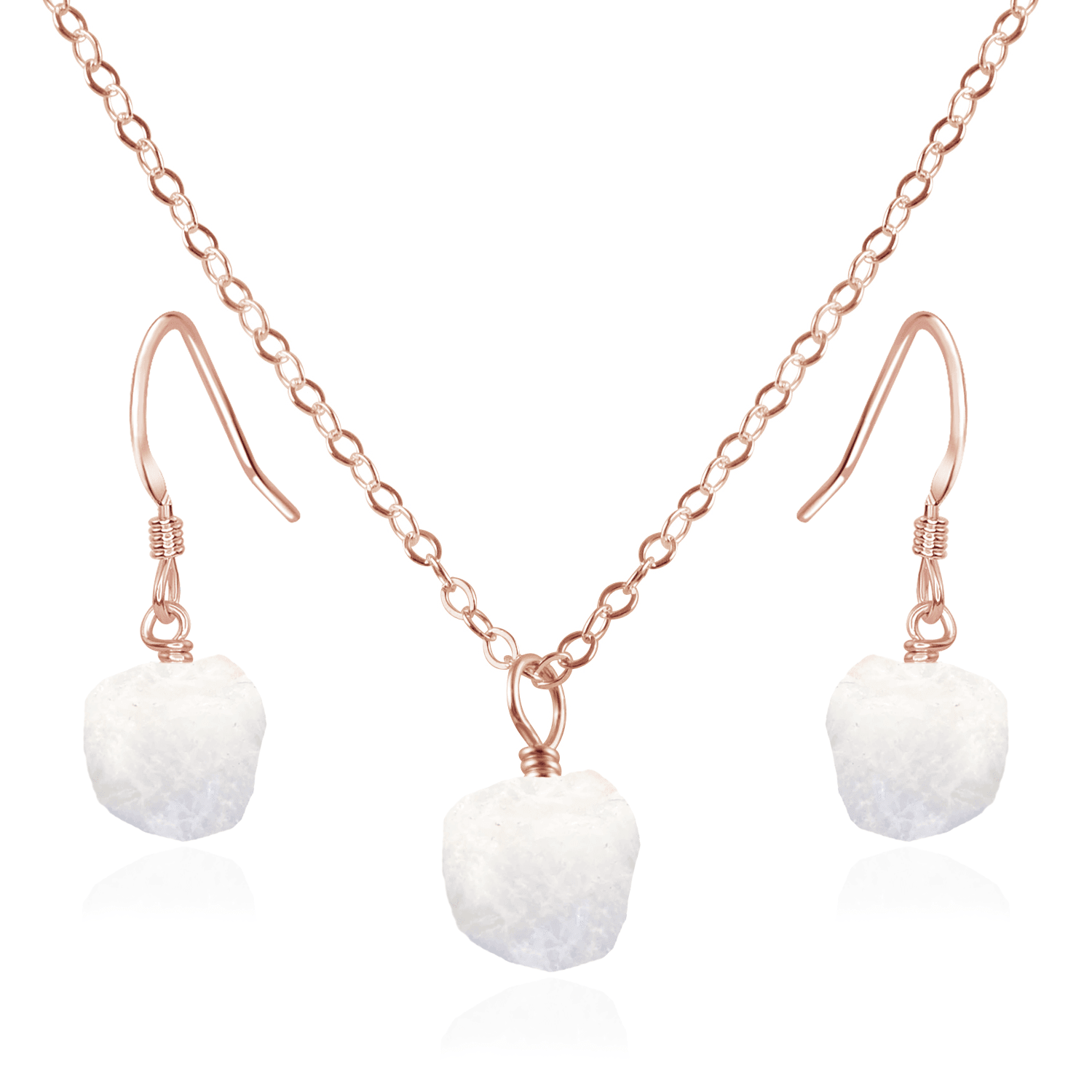 Raw Rainbow Moonstone Crystal Earrings & Necklace Set - Raw Rainbow Moonstone Crystal Earrings & Necklace Set - 14k Rose Gold Fill / Cable - Luna Tide Handmade Crystal Jewellery