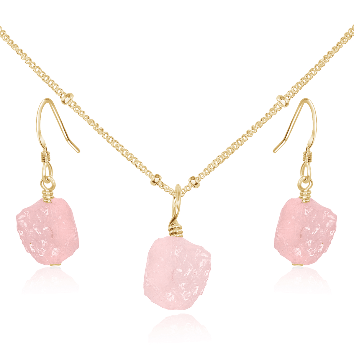 Raw Rose Quartz Crystal Earrings & Necklace Set - Raw Rose Quartz Crystal Earrings & Necklace Set - 14k Gold Fill / Satellite - Luna Tide Handmade Crystal Jewellery