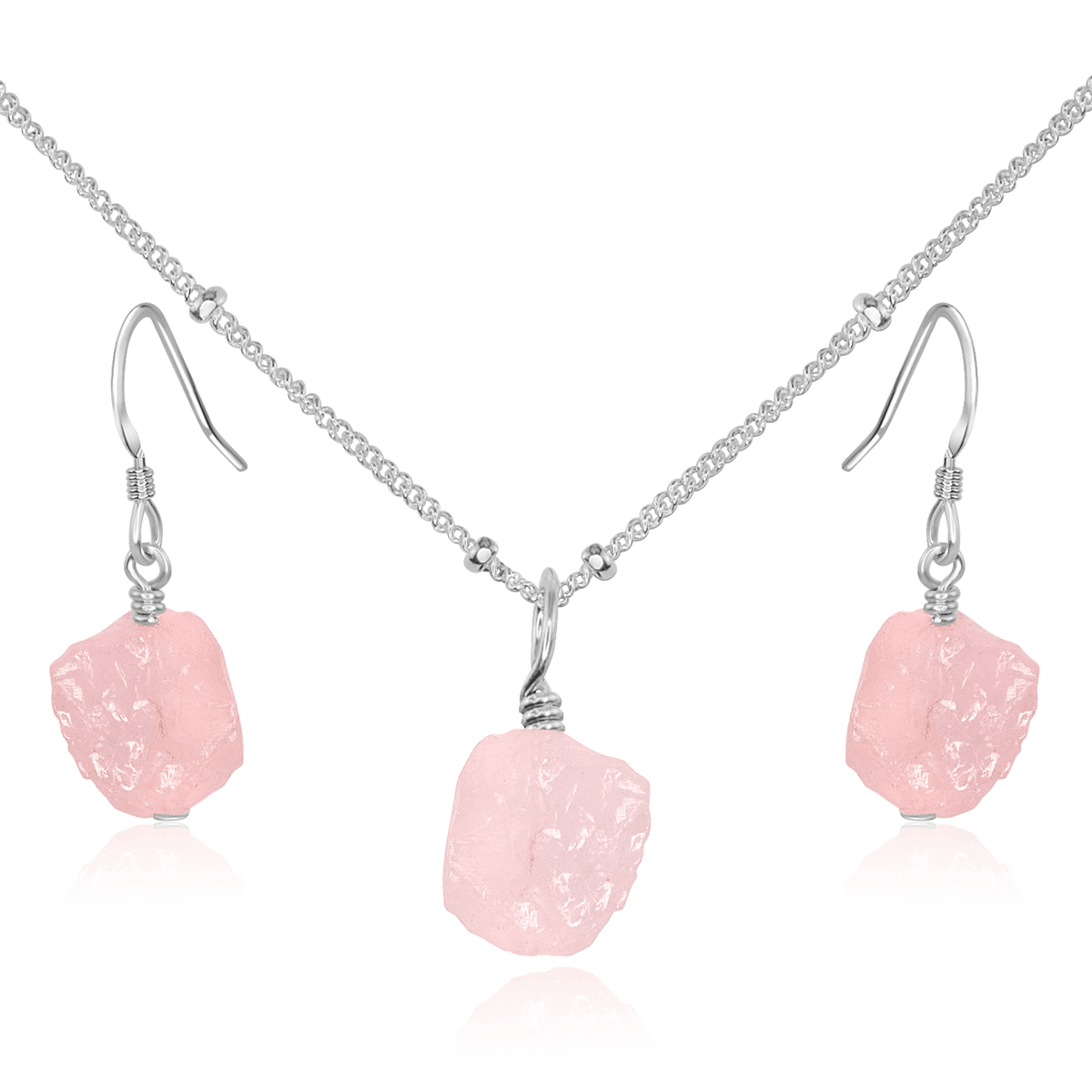 Raw Rose Quartz Crystal Earrings & Necklace Set - Raw Rose Quartz Crystal Earrings & Necklace Set - Sterling Silver / Satellite - Luna Tide Handmade Crystal Jewellery