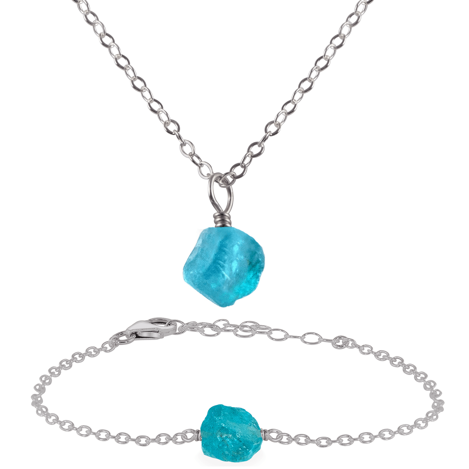 Raw Apatite Crystal Jewellery Set - Raw Apatite Crystal Jewellery Set - Stainless Steel / Cable / Necklace & Bracelet - Luna Tide Handmade Crystal Jewellery