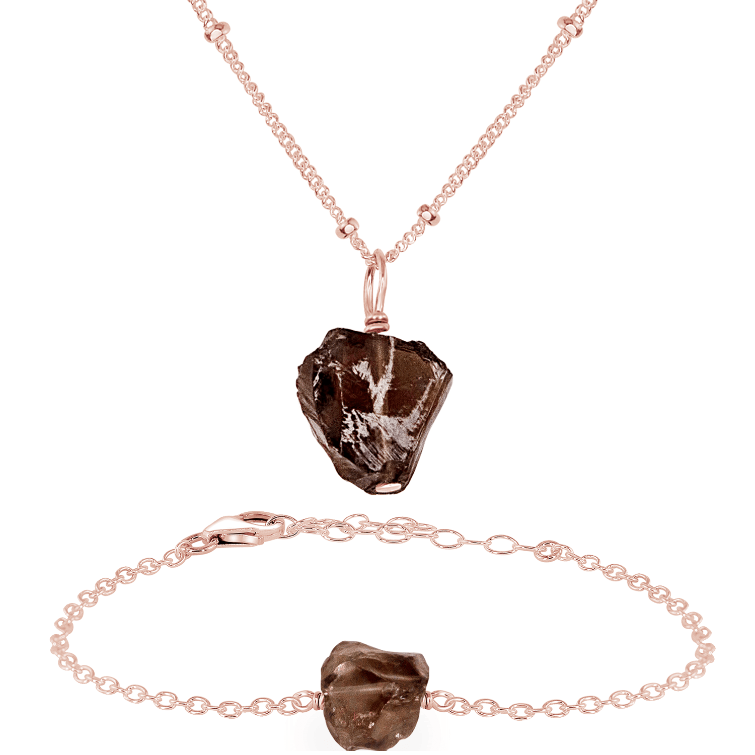 Raw Smoky Quartz Crystal Jewellery Set - Raw Smoky Quartz Crystal Jewellery Set - 14k Rose Gold Fill / Satellite / Necklace & Bracelet - Luna Tide Handmade Crystal Jewellery