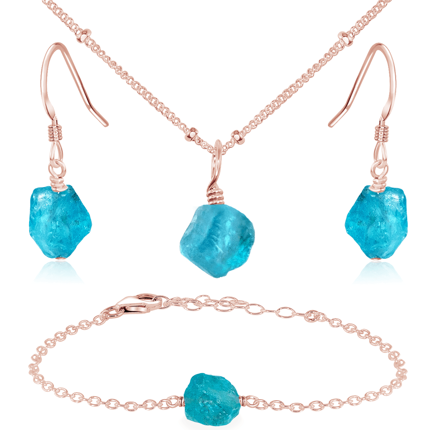 Raw Apatite Crystal Jewellery Set - Raw Apatite Crystal Jewellery Set - 14k Rose Gold Fill / Satellite / Necklace & Earrings & Bracelet - Luna Tide Handmade Crystal Jewellery