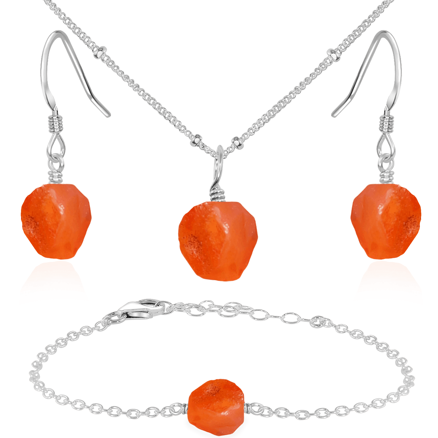 Raw Carnelian Crystal Jewellery Set - Raw Carnelian Crystal Jewellery Set - Sterling Silver / Satellite / Necklace & Earrings & Bracelet - Luna Tide Handmade Crystal Jewellery