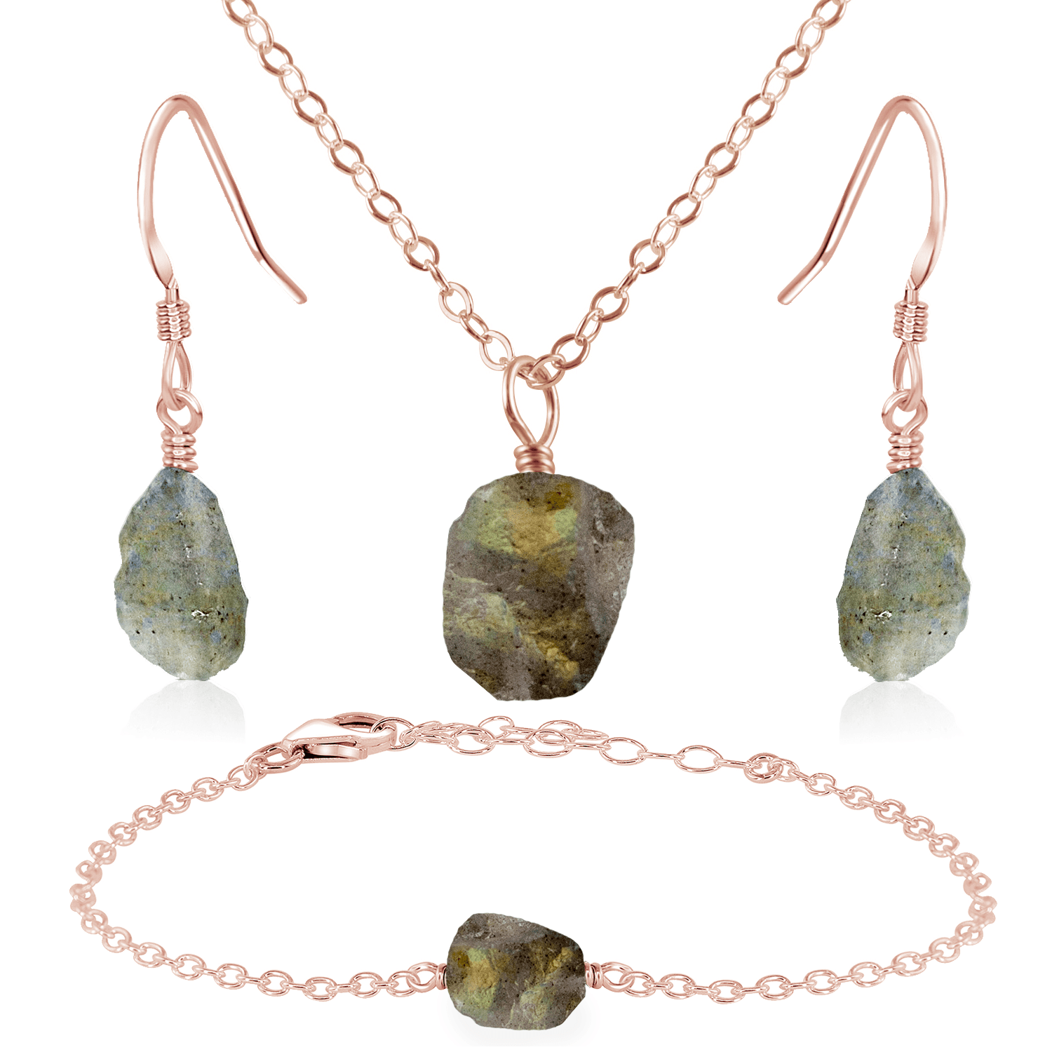 Raw Labradorite Crystal Jewellery Set - Raw Labradorite Crystal Jewellery Set - 14k Rose Gold Fill / Cable / Necklace & Earrings & Bracelet - Luna Tide Handmade Crystal Jewellery