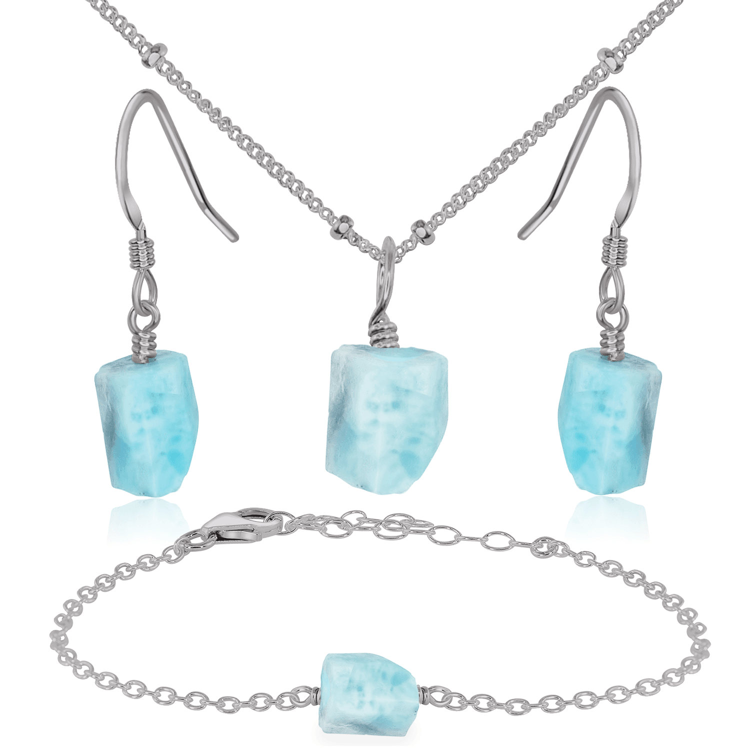 Raw Larimar Crystal Jewellery Set - Raw Larimar Crystal Jewellery Set - Stainless Steel / Satellite / Necklace & Earrings & Bracelet - Luna Tide Handmade Crystal Jewellery