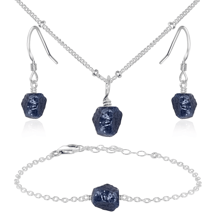 Raw Sapphire Crystal Jewellery Set - Raw Sapphire Crystal Jewellery Set - Sterling Silver / Satellite / Necklace & Earrings & Bracelet - Luna Tide Handmade Crystal Jewellery