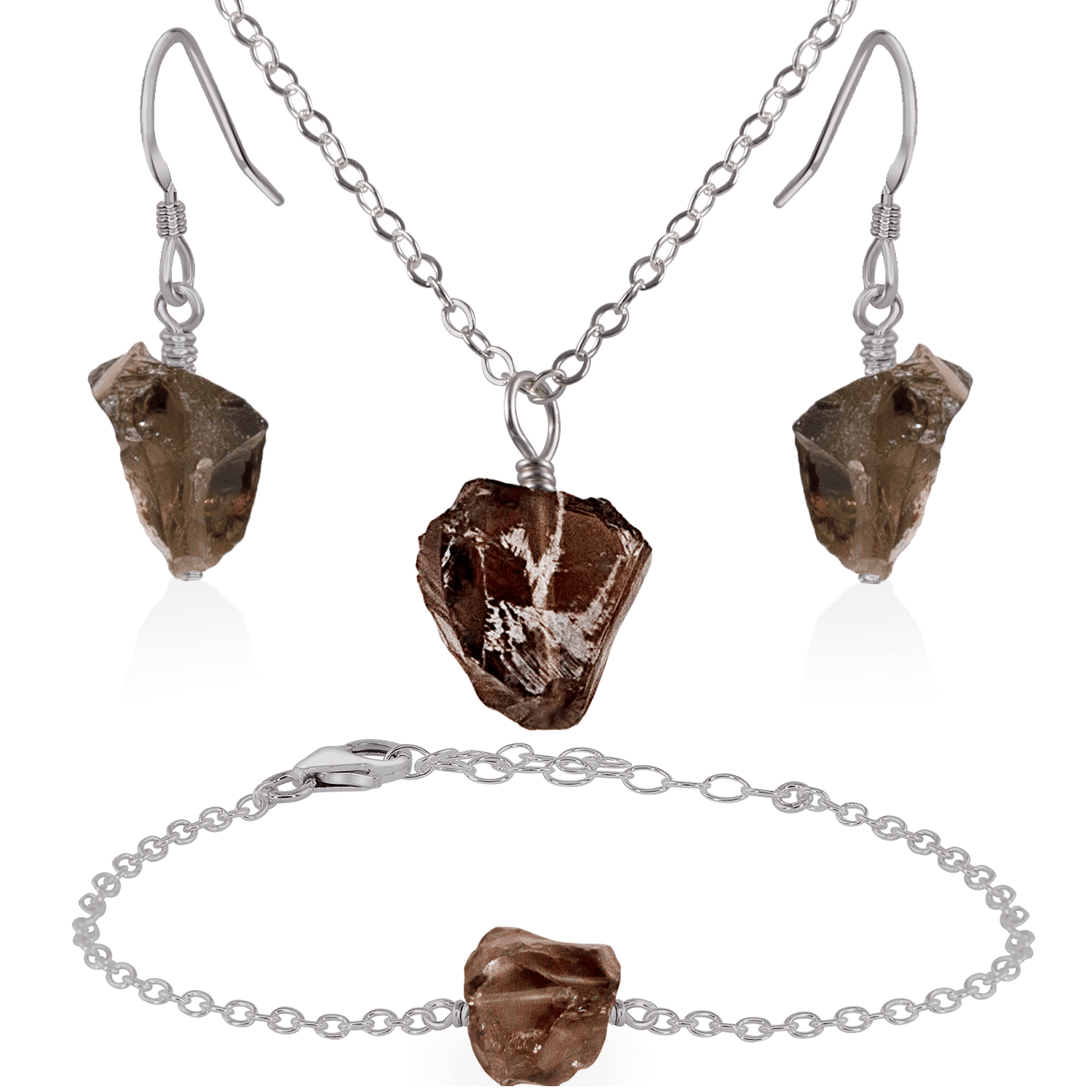 Raw Smoky Quartz Crystal Jewellery Set - Raw Smoky Quartz Crystal Jewellery Set - Stainless Steel / Cable / Necklace & Earrings & Bracelet - Luna Tide Handmade Crystal Jewellery