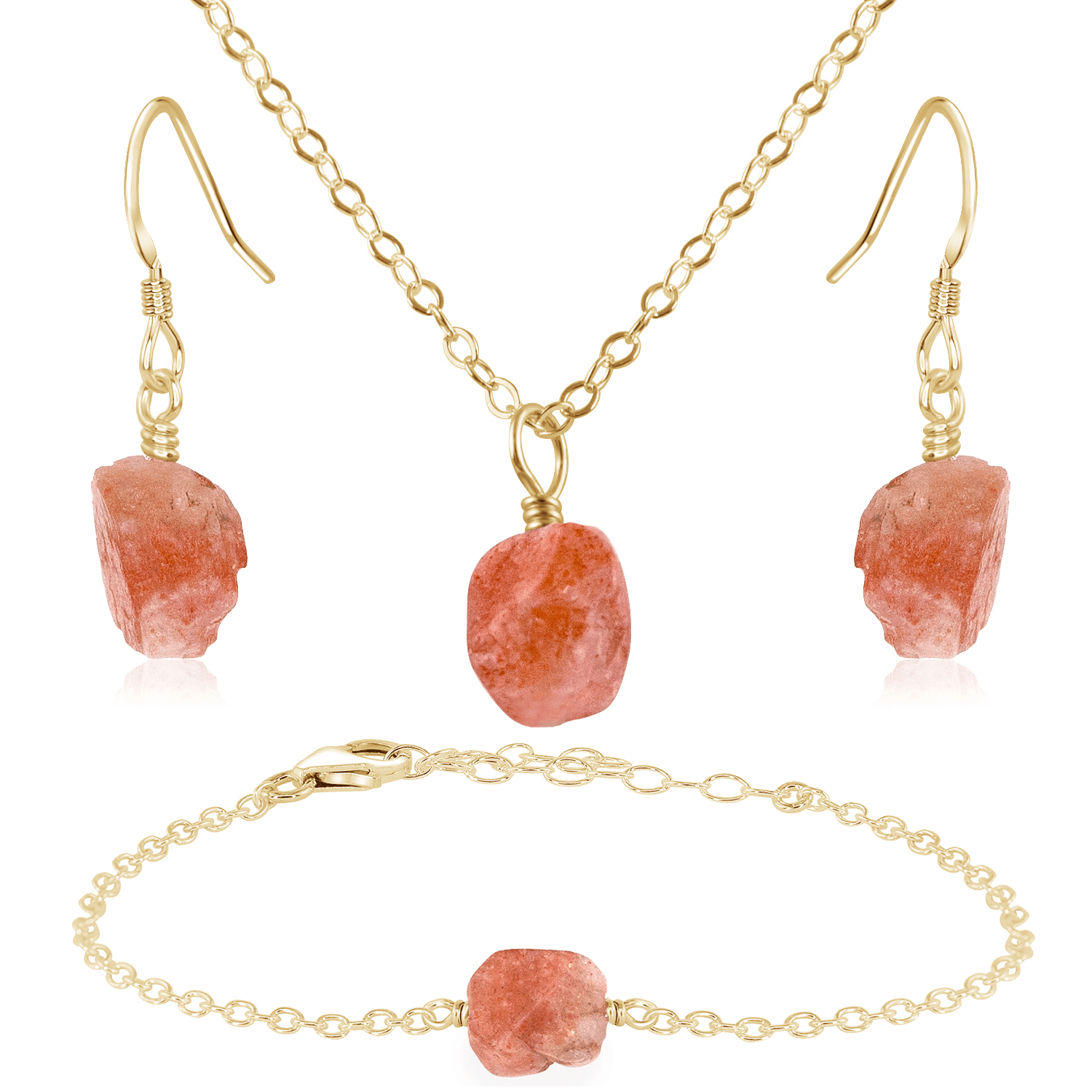 Raw Sunstone Crystal Jewellery Set - Raw Sunstone Crystal Jewellery Set - 14k Gold Fill / Cable / Necklace & Earrings & Bracelet - Luna Tide Handmade Crystal Jewellery