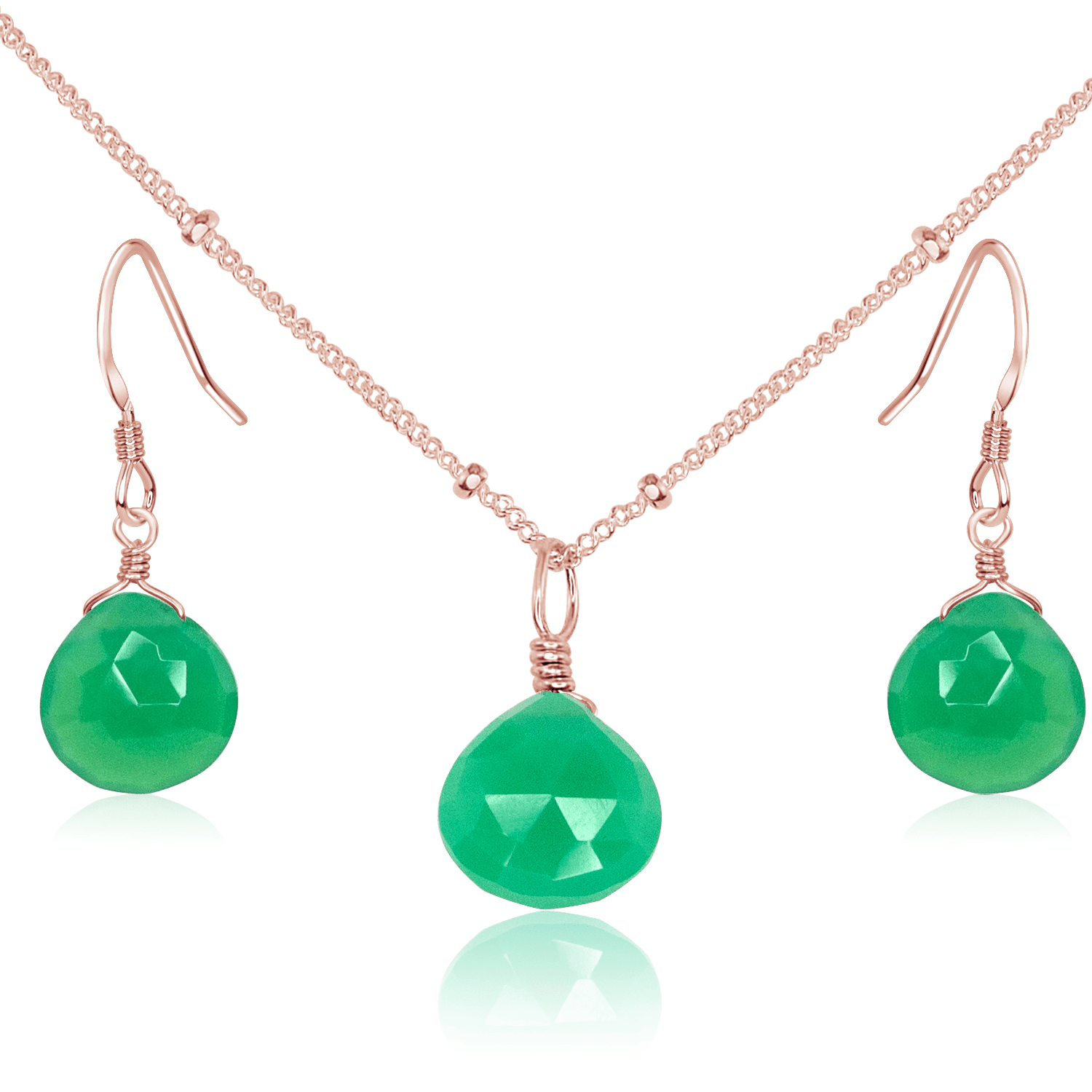 Chrysoprase Tiny Teardrop Earrings & Necklace Set - Chrysoprase Tiny Teardrop Earrings & Necklace Set - 14k Rose Gold Fill / Satellite - Luna Tide Handmade Crystal Jewellery