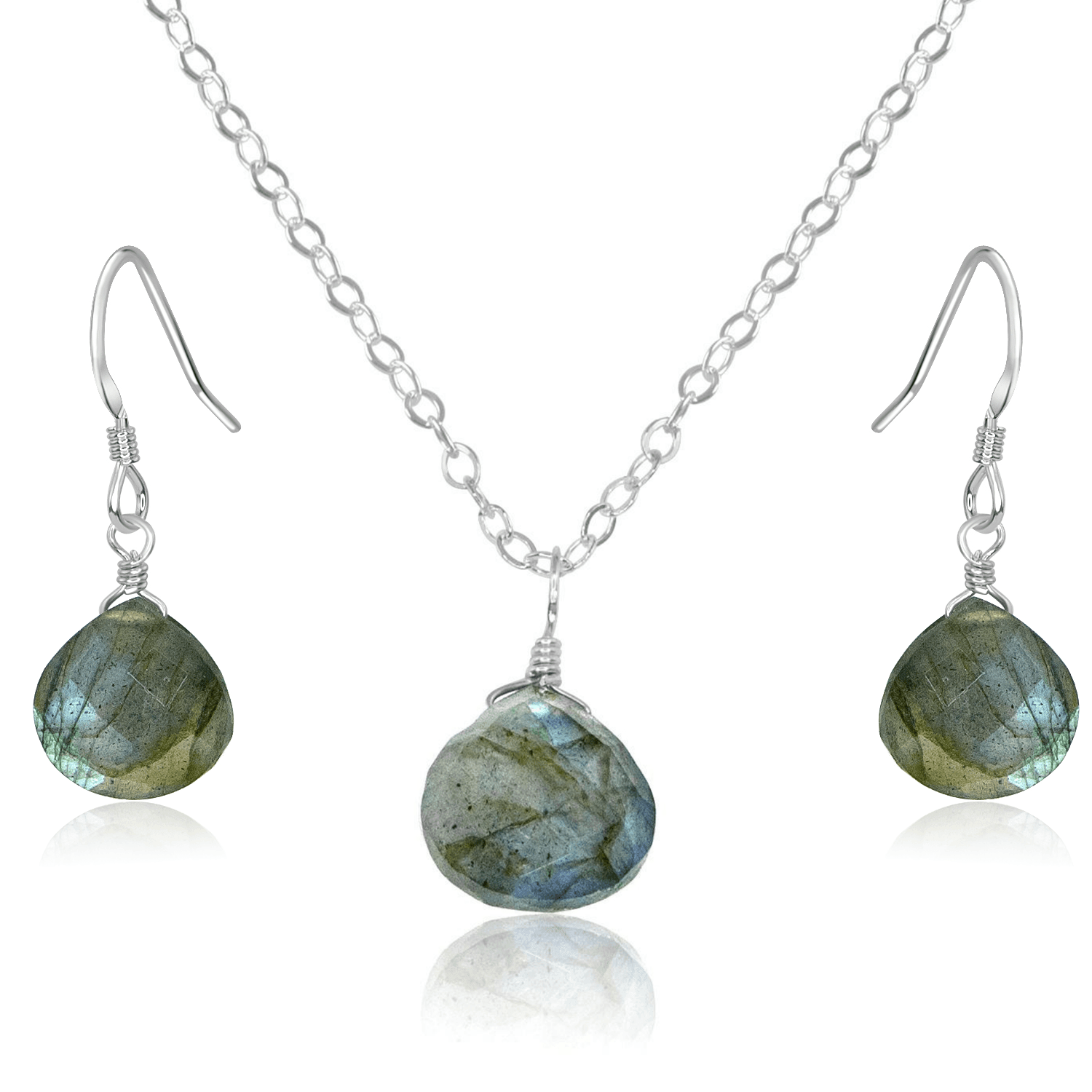 Labradorite Tiny Teardrop Earrings & Necklace Set - Labradorite Tiny Teardrop Earrings & Necklace Set - Sterling Silver / Cable - Luna Tide Handmade Crystal Jewellery