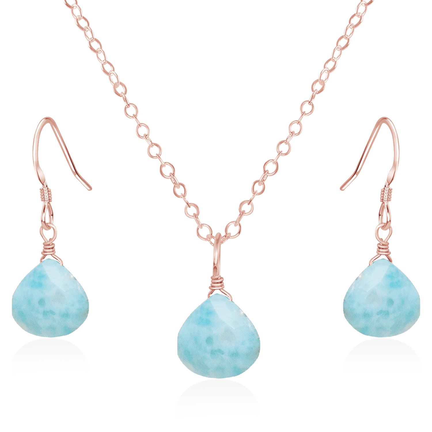 Larimar Tiny Teardrop Earrings & Necklace Set - Larimar Tiny Teardrop Earrings & Necklace Set - 14k Rose Gold Fill / Cable - Luna Tide Handmade Crystal Jewellery
