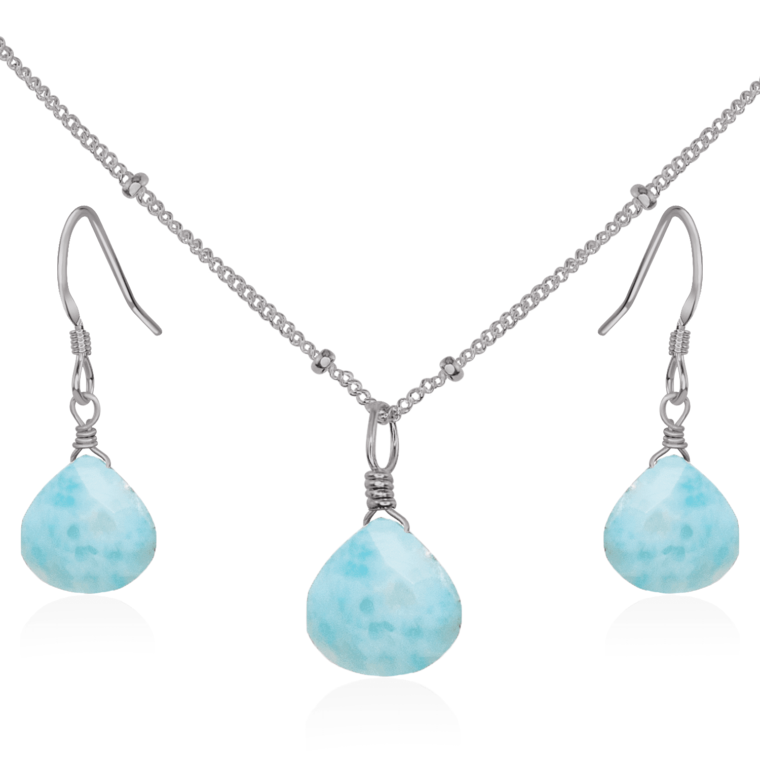 Larimar Tiny Teardrop Earrings & Necklace Set - Larimar Tiny Teardrop Earrings & Necklace Set - Stainless Steel / Satellite - Luna Tide Handmade Crystal Jewellery