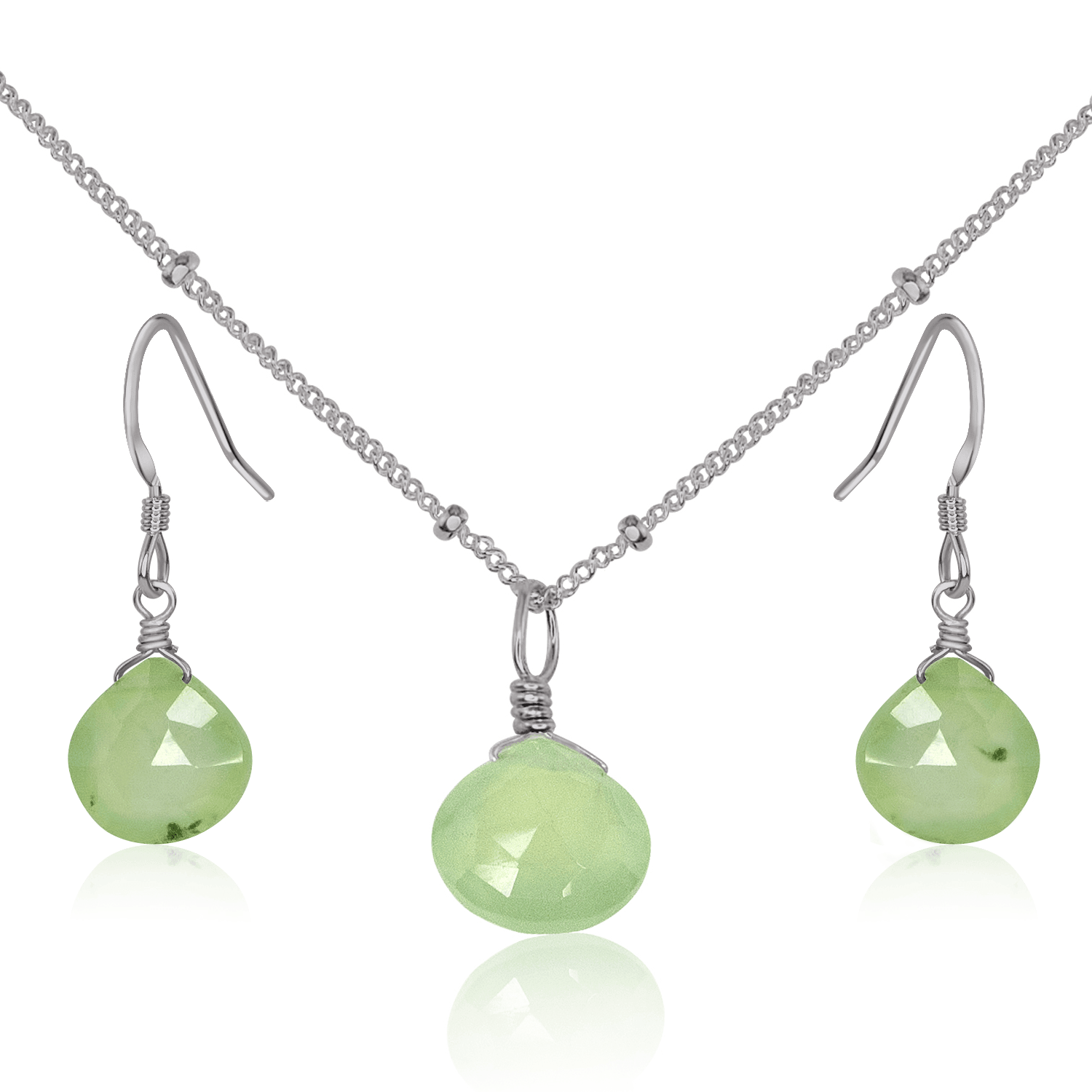 Prehnite Tiny Teardrop Earrings & Necklace Set - Prehnite Tiny Teardrop Earrings & Necklace Set - Stainless Steel / Satellite - Luna Tide Handmade Crystal Jewellery