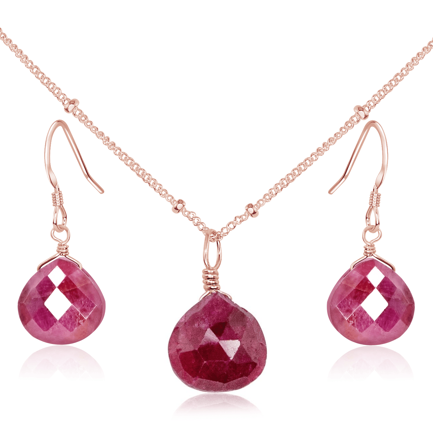 Ruby Tiny Teardrop Earrings & Necklace Set - Ruby Tiny Teardrop Earrings & Necklace Set - 14k Rose Gold Fill / Satellite - Luna Tide Handmade Crystal Jewellery