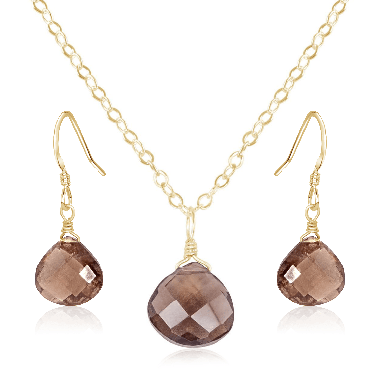 Smoky Quartz Tiny Teardrop Earrings & Necklace Set - Smoky Quartz Tiny Teardrop Earrings & Necklace Set - 14k Gold Fill / Cable - Luna Tide Handmade Crystal Jewellery