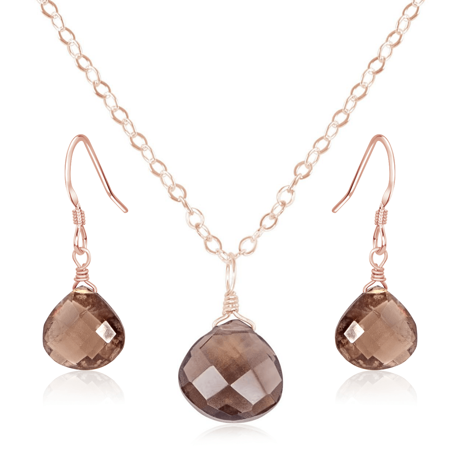 Smoky Quartz Tiny Teardrop Earrings & Necklace Set - Smoky Quartz Tiny Teardrop Earrings & Necklace Set - 14k Rose Gold Fill / Cable - Luna Tide Handmade Crystal Jewellery