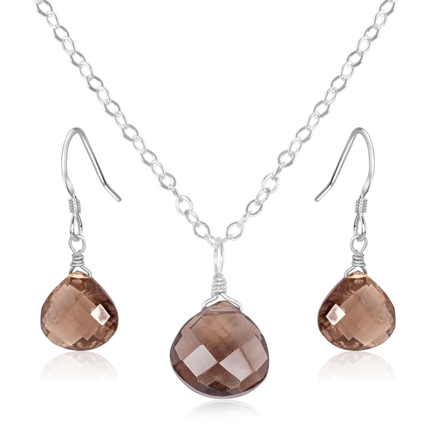 Smoky Quartz Tiny Teardrop Earrings & Necklace Set - Smoky Quartz Tiny Teardrop Earrings & Necklace Set - Sterling Silver / Cable - Luna Tide Handmade Crystal Jewellery