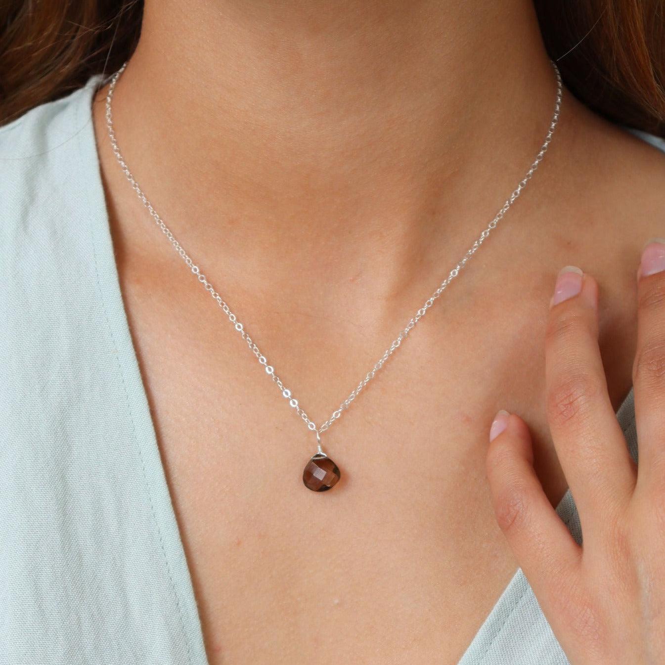 Smoky Quartz Tiny Teardrop Earrings & Necklace Set - Smoky Quartz Tiny Teardrop Earrings & Necklace Set - Sterling Silver / Cable - Luna Tide Handmade Crystal Jewellery