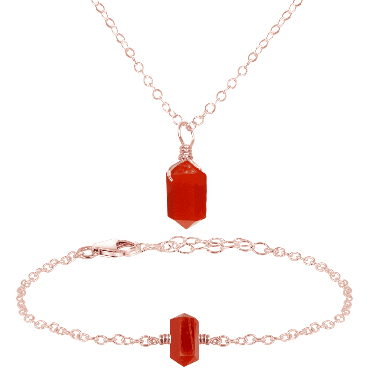 Carnelian Double Terminated Crystal Necklace & Bracelet Set - Carnelian Double Terminated Crystal Necklace & Bracelet Set - 14k Rose Gold Fill - Luna Tide Handmade Crystal Jewellery