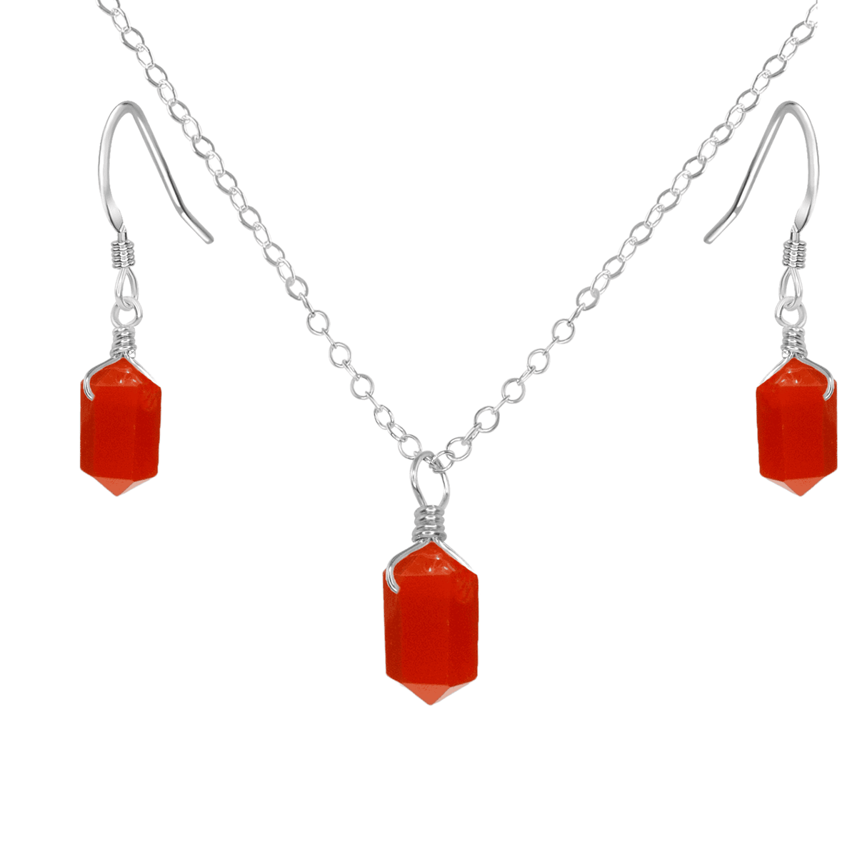 Carnelian Mini Double Terminated Crystal Point Earrings & Necklace Set - Carnelian Mini Double Terminated Crystal Point Earrings & Necklace Set - Sterling Silver - Luna Tide Handmade Crystal Jewellery