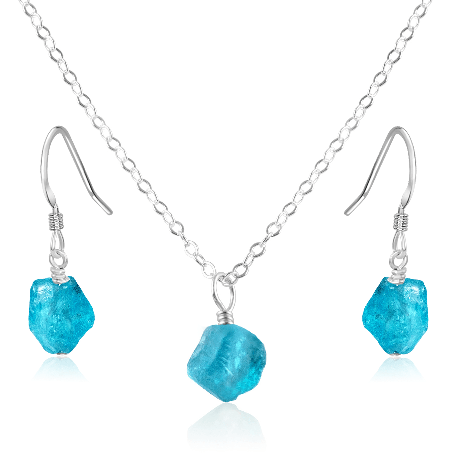 Raw Apatite Crystal Jewellery Set - Raw Apatite Crystal Jewellery Set - Sterling Silver / Cable / Necklace & Earrings - Luna Tide Handmade Crystal Jewellery