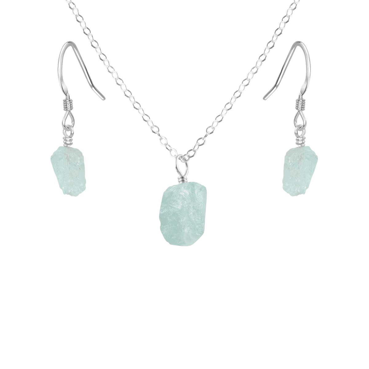 Raw Aquamarine Crystal Earrings & Necklace Set - Raw Aquamarine Crystal Earrings & Necklace Set - Sterling Silver / Cable - Luna Tide Handmade Crystal Jewellery