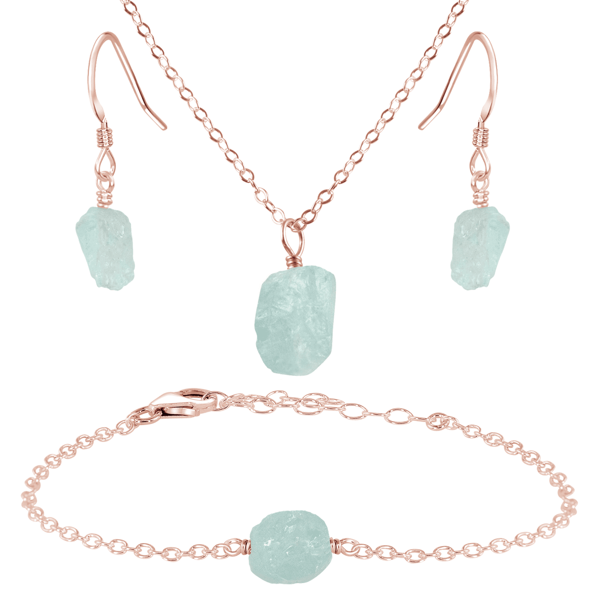 Raw Aquamarine Crystal Earrings, Necklace & Bracelet Set - Raw Aquamarine Crystal Earrings, Necklace & Bracelet Set - 14k Rose Gold Fill - Luna Tide Handmade Crystal Jewellery