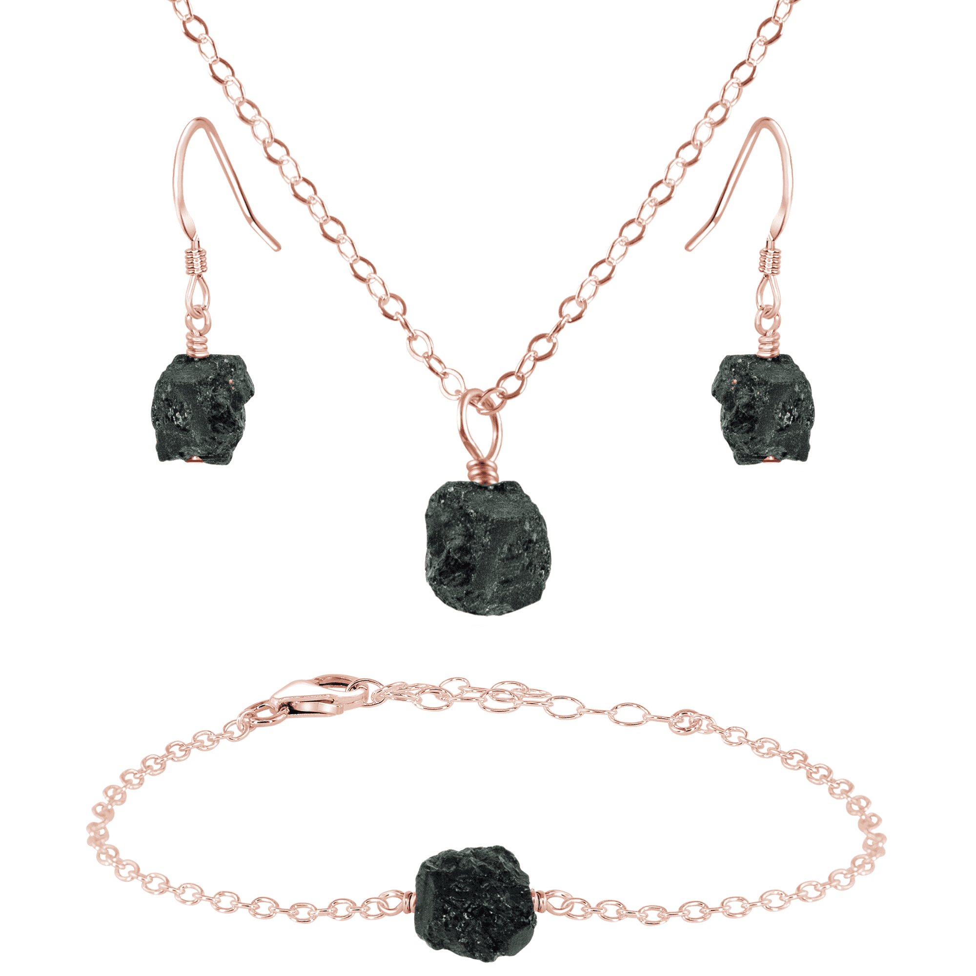 Raw Black Tourmaline Crystal Earrings, Necklace & Bracelet Set - Raw Black Tourmaline Crystal Earrings, Necklace & Bracelet Set - 14k Rose Gold Fill - Luna Tide Handmade Crystal Jewellery
