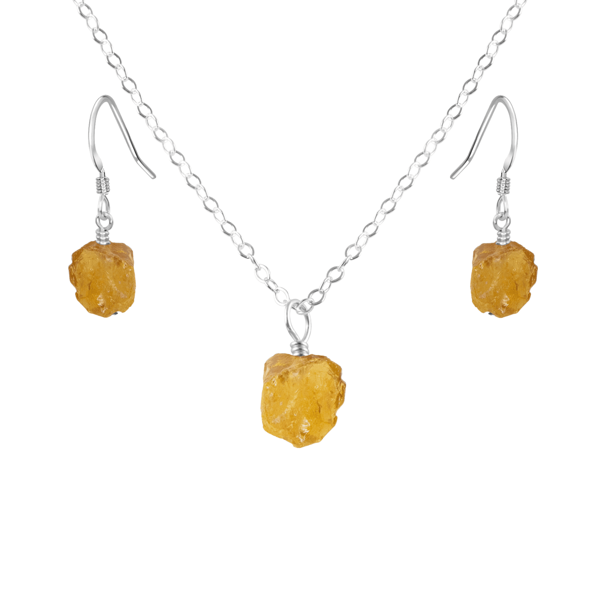 Raw Citrine Crystal Earrings & Necklace Set - Raw Citrine Crystal Earrings & Necklace Set - Sterling Silver / Cable - Luna Tide Handmade Crystal Jewellery