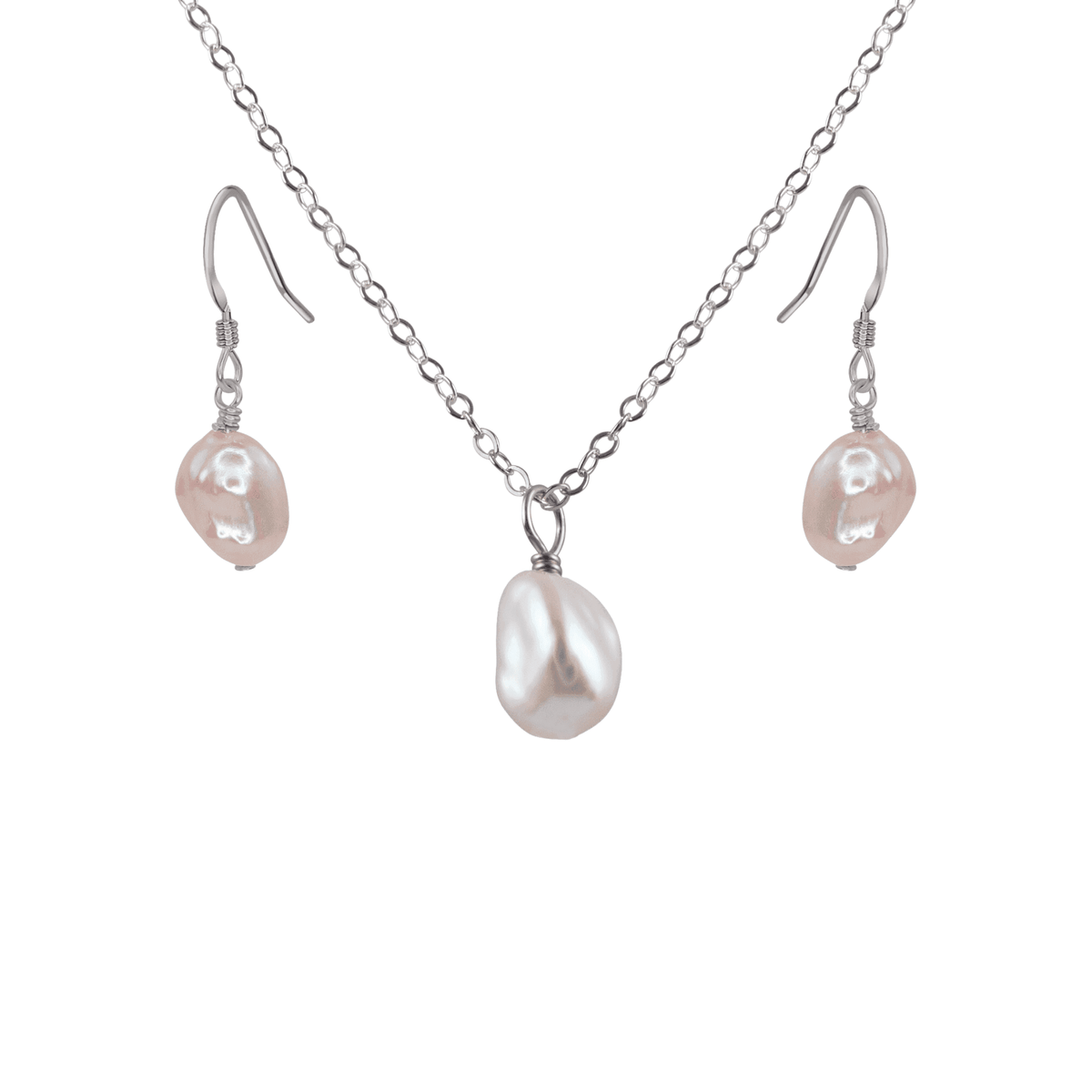 Raw Freshwater Pearl Crystal Earrings & Necklace Set - Raw Freshwater Pearl Crystal Earrings & Necklace Set - Stainless Steel / Cable - Luna Tide Handmade Crystal Jewellery