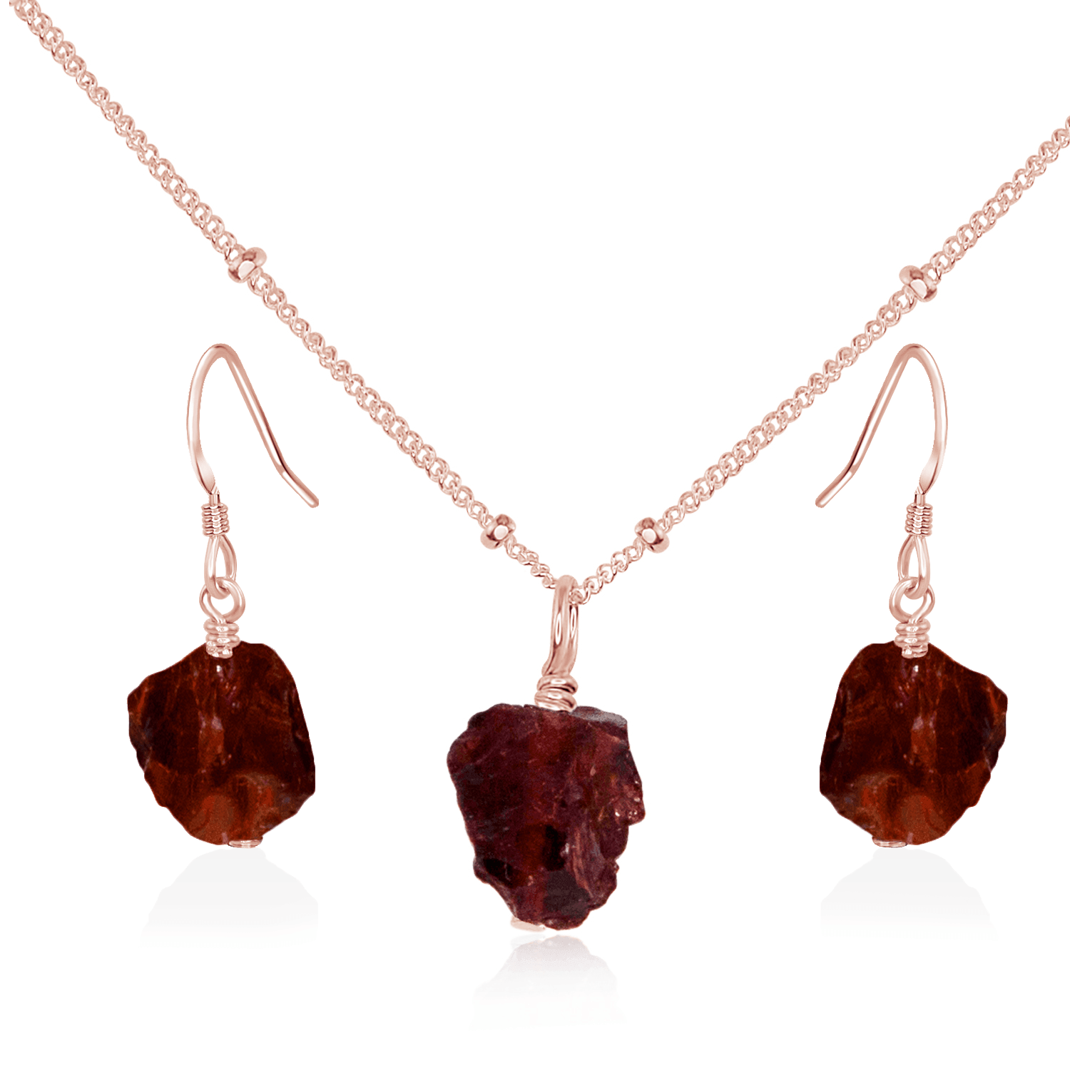 Raw Garnet Crystal Jewellery Set - Raw Garnet Crystal Jewellery Set - 14k Rose Gold Fill / Satellite / Necklace & Earrings - Luna Tide Handmade Crystal Jewellery
