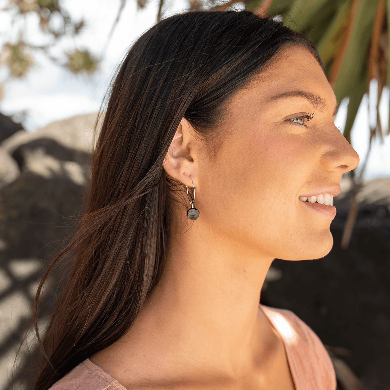 Raw Obsidian Gemstone Dangle Hoop Earrings - Raw Obsidian Gemstone Dangle Hoop Earrings - Sterling Silver - Luna Tide Handmade Crystal Jewellery