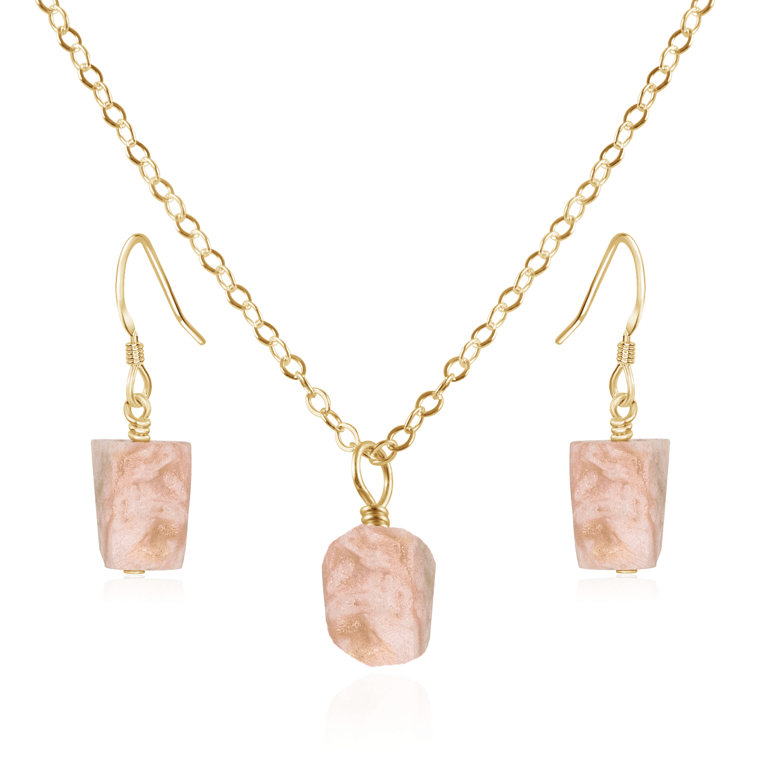 Raw Pink Peruvian Opal Crystal Jewellery Set - Raw Pink Peruvian Opal Crystal Jewellery Set - 14k Gold Fill / Cable / Necklace & Earrings - Luna Tide Handmade Crystal Jewellery