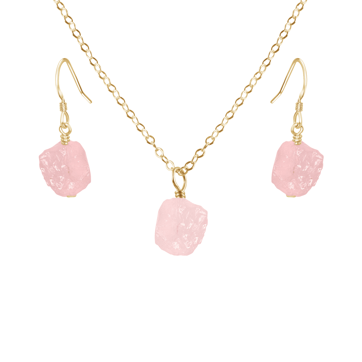 Raw Rose Quartz Crystal Earrings & Necklace Set - Raw Rose Quartz Crystal Earrings & Necklace Set - 14k Gold Fill / Cable - Luna Tide Handmade Crystal Jewellery