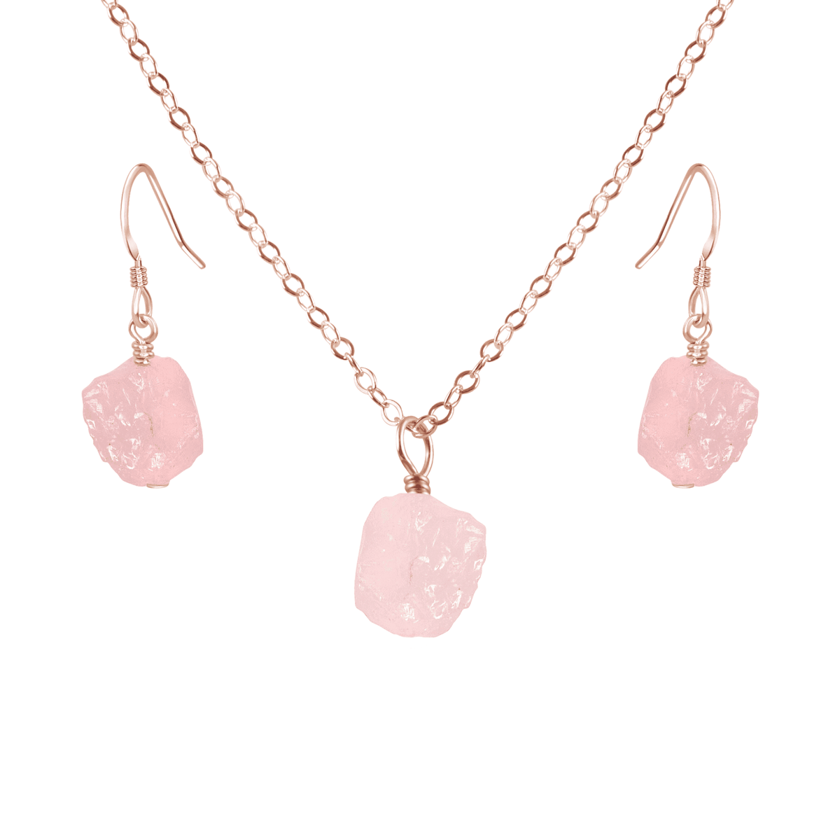 Raw Rose Quartz Crystal Earrings & Necklace Set - Raw Rose Quartz Crystal Earrings & Necklace Set - 14k Rose Gold Fill / Cable - Luna Tide Handmade Crystal Jewellery