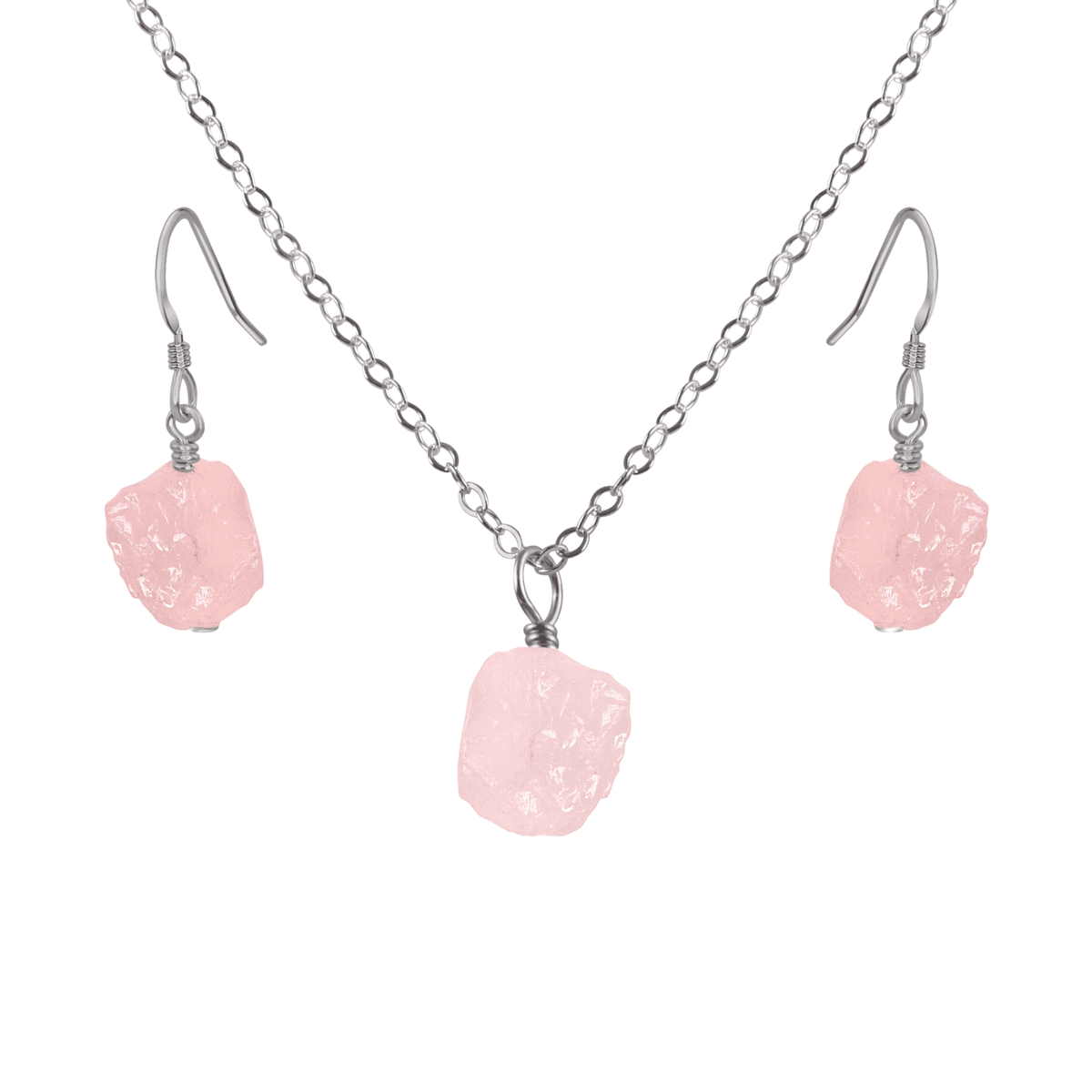 Raw Rose Quartz Crystal Earrings & Necklace Set - Raw Rose Quartz Crystal Earrings & Necklace Set - Stainless Steel / Cable - Luna Tide Handmade Crystal Jewellery